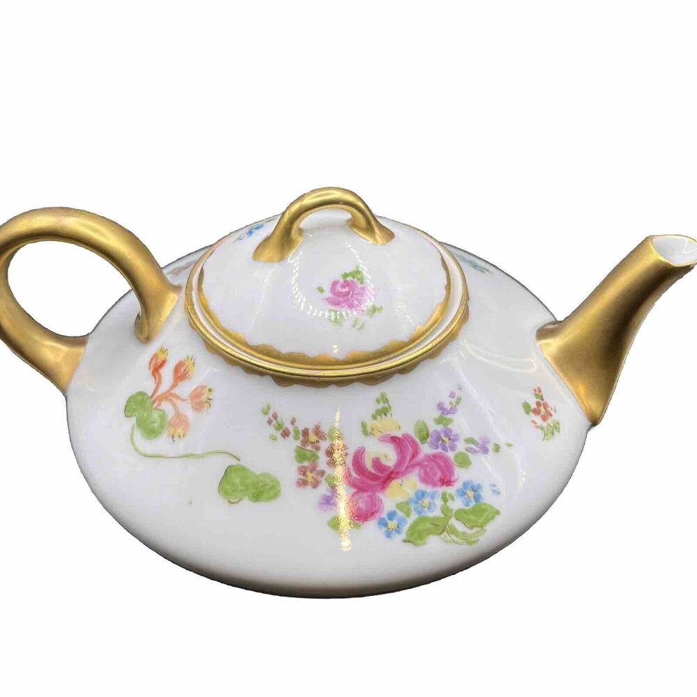 Vintage PMR Bavaria Porcelain Handpainted Floral Teapot With Gold Accent